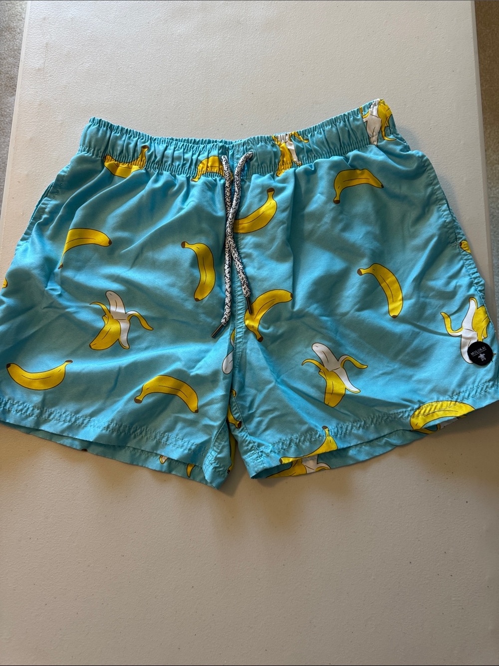 Turquoise Banana-Print Men's Swim Trunks with Drawstring